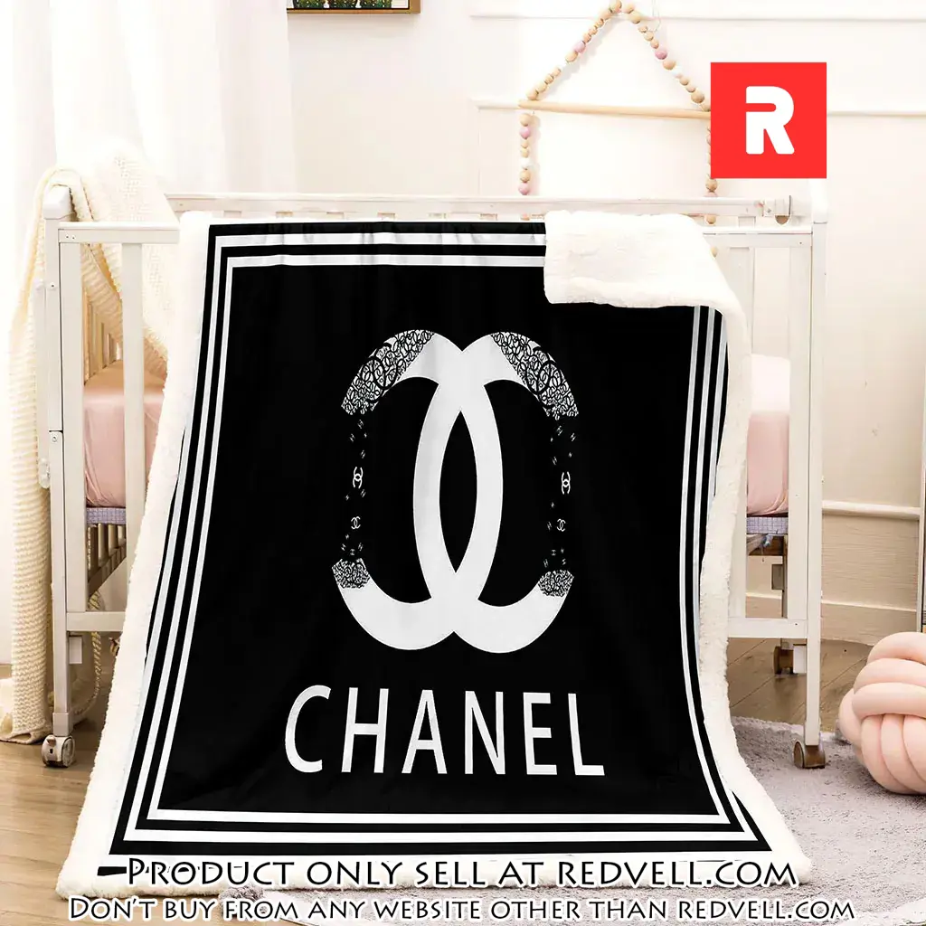 Chanel white logo black luxury brand premium blanket fleece home decor rv3906619